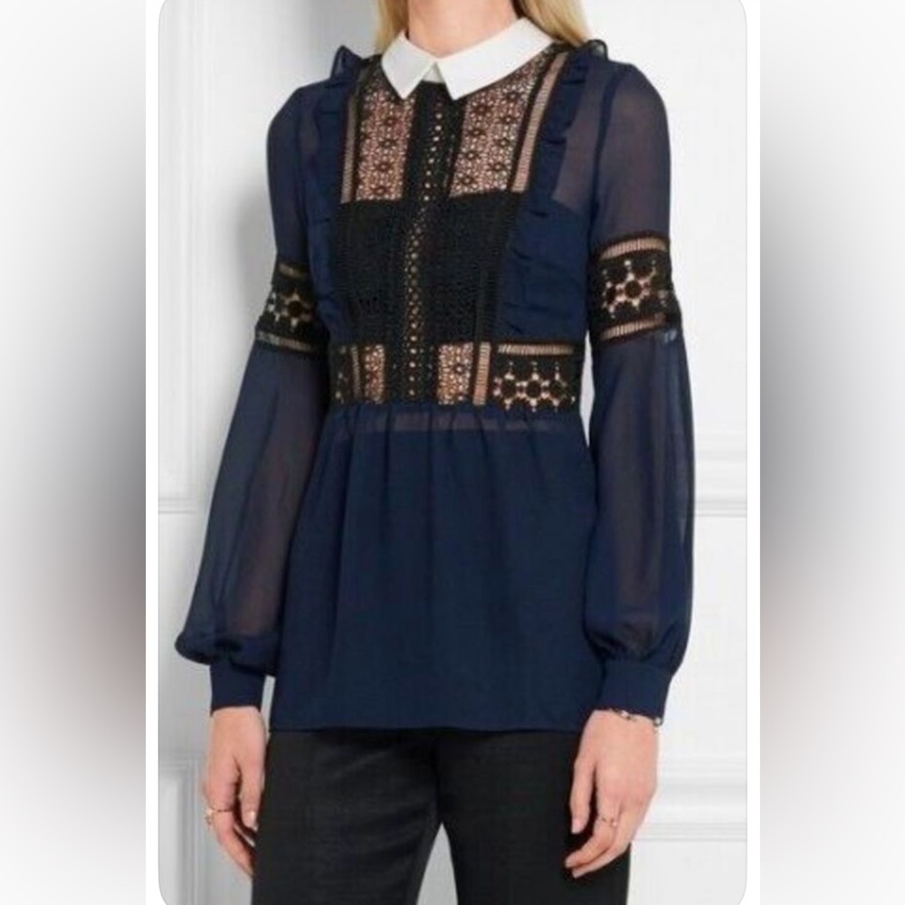 NEW! Self-Portrait Balloon Sleeve Top in Black Navy White